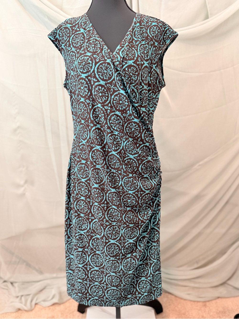 Ralph Lauren Teal and Brown Ruched Crossover Dress
